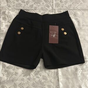 Fuego Moda Black High-Waist ShortStretchy Dressy Casual with Gold Button Detail.